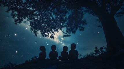 Wall Mural - children sitting under a tree illuminated by the moonlight gazing up at the stars and whispering exc
