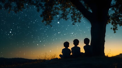 Wall Mural - children sitting under a tree illuminated by the moonlight gazing up at the stars and whispering exc