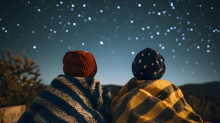 Wall Mural - kids bundled in blankets on a rooftop stargazing with wide-eyed wonder at the vast universe above.