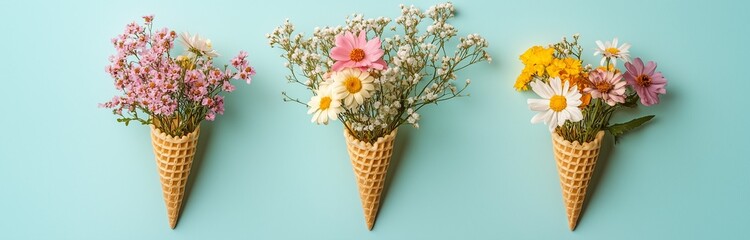 Wall Mural - arrangement of three cone filled with beautiful spring flowers isolated on a pastel background