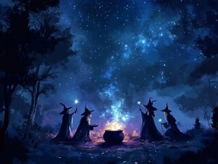 Wall Mural - Four Witches Casting Spells Over a Cauldron Under a Starry Night Sky