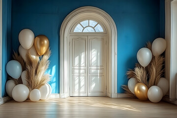 Poster - A room with a white door and a blue archway