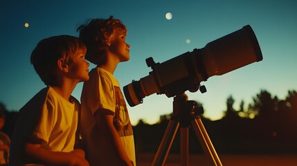 Wall Mural - kids sitting around a telescope eagerly taking turns looking at the planets in the night sky.