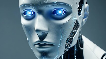 Poster - Futuristic android with glowing blue eyes showcases advanced artificial intelligence technology, blurring human-machine lines