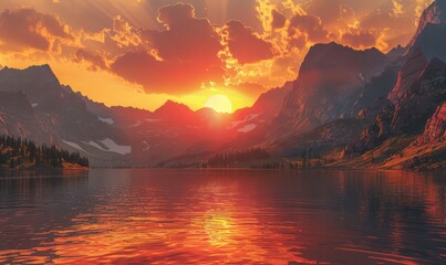 Wall Mural - Serene mountain lake during sunset, with the sun setting behind the jagged peaks, casting a warm orange glow over the landscape