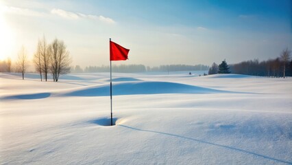 Snow-covered links golf course with a red 8 flag waving in the wind