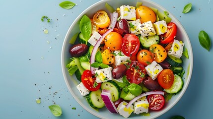 Fresh Greek Salad with Tomatoes, Feta, and Olives, Healthy Mediterranean Dish, Minimalist Background, Top View, Copyspace for Text
