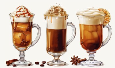 Wall Mural - Three glass mugs with various coffee cocktails, set of warm drinks