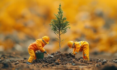 the shooting theme is tree planting, two little people are planting trees, saplings, buckets, shovels, engineers