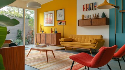 Mid-century modern living room, vintage furniture, bright yellow sofa, vibrant colors, stylish, cozy interior design concept