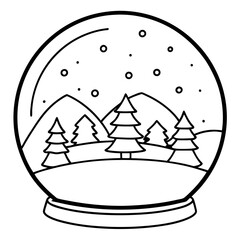 Wall Mural - Black Christmas Snow Globe Design with Snowy Scene Line Art Vector