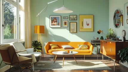 Modern, bright, cozy living room with vibrant decor, mid-century furniture, orange sofa, well-lit space, interior design concept