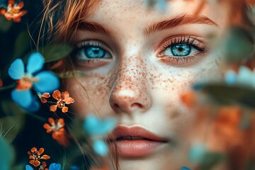 Poster - Close up portrait of young woman with blue eyes and freckles, looking at the camera, surrounded by blue and orange flowers