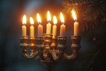 A beautifully ornate gold candelabra with six lit candles casting a warm and soft glow.