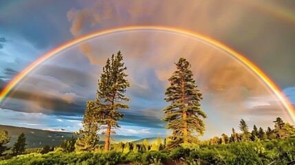 Wall Mural - a slightly enlarged, high-definition image of a vibrant rainbow arching across a bright, open sky ov