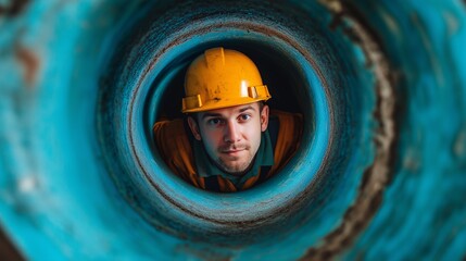 Wall Mural - Engineer in a yellow hard hat looking through a large blue pipe, viewed from inside with a wide-angle lens, emphasizing industrial work and focus on the construction environment