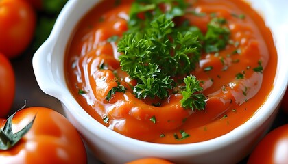 Vibrant creamy tomato dip in a white bowl, garnished with fresh parsley, surrounded by ripe tomatoes