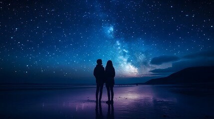 Wall Mural - siblings standing together on a quiet beach at night mesmerized by the vast sky full of stars.