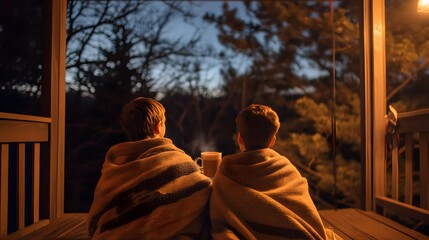 Wall Mural - siblings wrapped in blankets on a porch sipping hot chocolate while stargazing on a crisp autumn nig