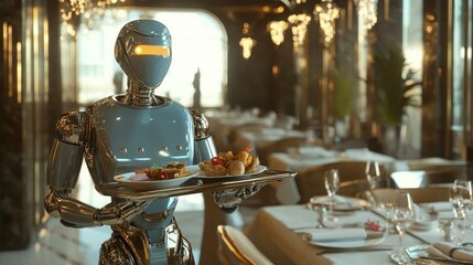 Canvas Print - A metallic humanoid robot waiter serving food in a luxurious restaurant.