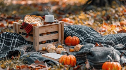 Sticker - an autumn picnic setup with pumpkins, a book