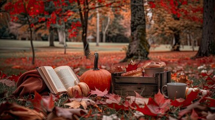 Wall Mural - an autumn picnic setup with pumpkins, honey buns in wooden boxes