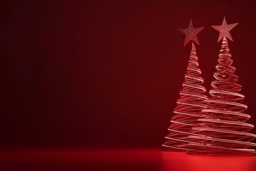 3D Christmas trees with glowing light lines against a dark red background featuring a Christmas star at the top and one tree with lights, capturing the festive spirit