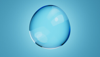 Aufkleber - Abstract water bubble on blue background. Blue distorted droplet floating, Purity concept. 3d render illustration