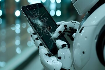 Poster - Close-up Of Humanoid Robot's Hand Fixing Damaged Screen On Mobile Phone