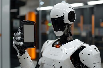 Poster - Close-up Of A Humanoid Robot's Hand Holding Cell Phone With Blank Screen.