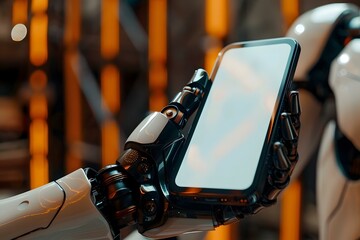 Poster - Close-up Of A Humanoid Robot's Hand Holding Cell Phone With Blank Screen.