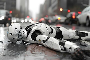 Humanoid robot with neck pain lying on street after road accident.