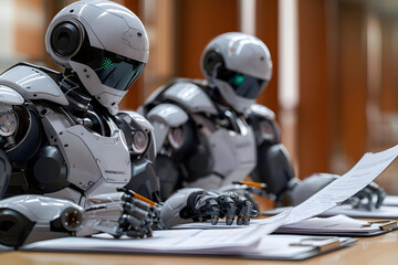 Wall Mural - Close-up Of Two Humanoid Robots Working On Contract Paper Over Desk.