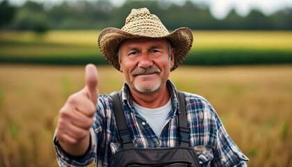 Canvas Print - Confident farmer celebrating success with thumbs up in a flourishing field