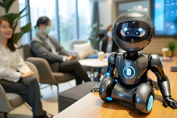 Poster - Group Of Skillful Businesspeople Video Conferencing In Boardroom, humanoid robot, video, ai, artificial, conference, intelligence, code, meeting, tech, machine, room, technology, future