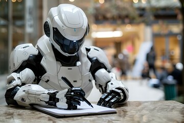 Poster - Humanoid robot writing benefits information in notepad.