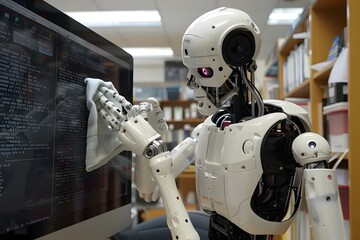 Poster - Humanoid Robot Cleaning Computer Monitor With Rag In Office