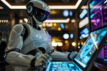 Aufkleber - Humanoid Robot Designer Using Digital Graphic Tablet With Stylus At Desk.