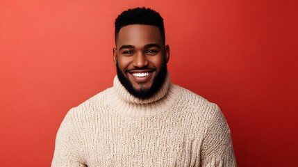 Wall Mural - Portrait of a Smiling Man with a Beard Wearing a Beige Sweater