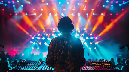 a person standing in front of a sound mixing console with colorful stage lights in the background, likely at a concert or live music event