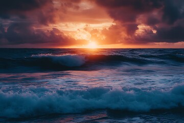 Wall Mural - Dramatic sunset over the ocean with crashing waves