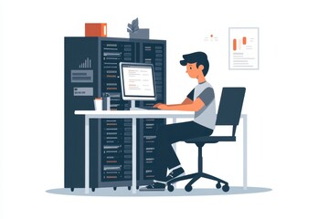 Poster - man working on computer in server room with white background, simple minimalistic style, web host concept illustration design template banner for website promotion Generative AI