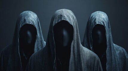 Three hooded figures with their faces obscured by the hoods