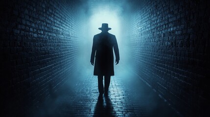 Wall Mural - A man in a hat is walking down a dark, narrow alleyway