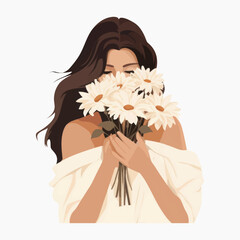 Wall Mural - Woman holding white daisies bouquet