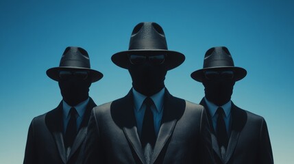 Wall Mural - Three men in black suits and hats stand in front of a blue sky