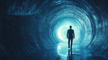 A man walks through a tunnel with a blue light shining on him