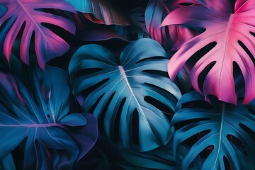 Sticker - Vibrant Neon Pink and Teal Monstera Deliciosa Tropical Leaves Background