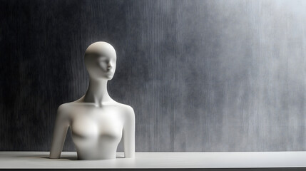 Wall Mural - White mannequin sitting on table in front of gray wall in a stylish fashion display