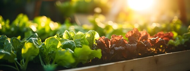 A raised garden bed filled with vibrant green and red leafy vegetables, illuminated by the warm glow of sunlight